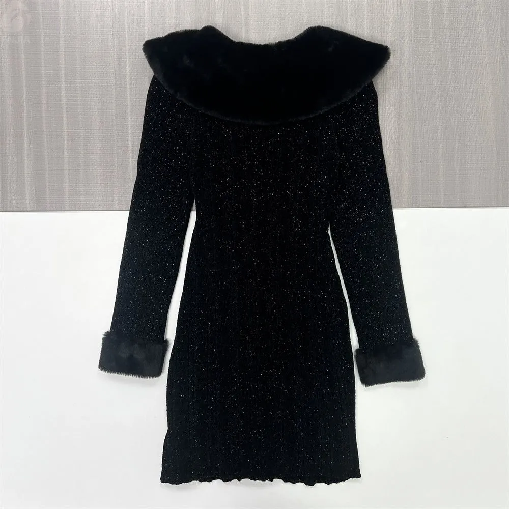 Women's Black Glitter-Knit Coat with Faux Fur Trim - Custom Luxe Statement Outerwear