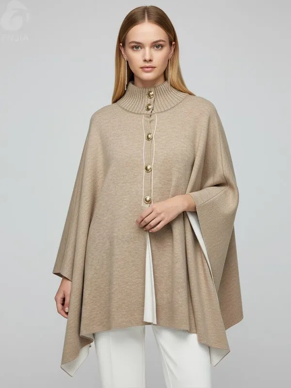 Women's Beige Turtleneck Knit Poncho with Contrast Trim - Custom Elegant Statement Apparel