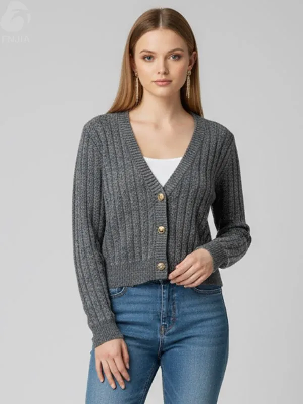 Women's Charcoal Marled Cropped V-Neck Cardigan with Cable Knit - Custom Textured Layering Apparel