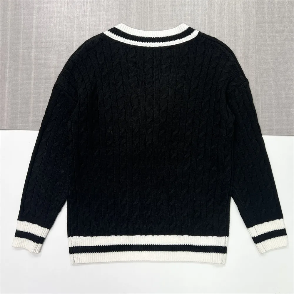 Women's Black & White Cable-Knit V-Neck Sweater - Custom Preppy Casual Apparel