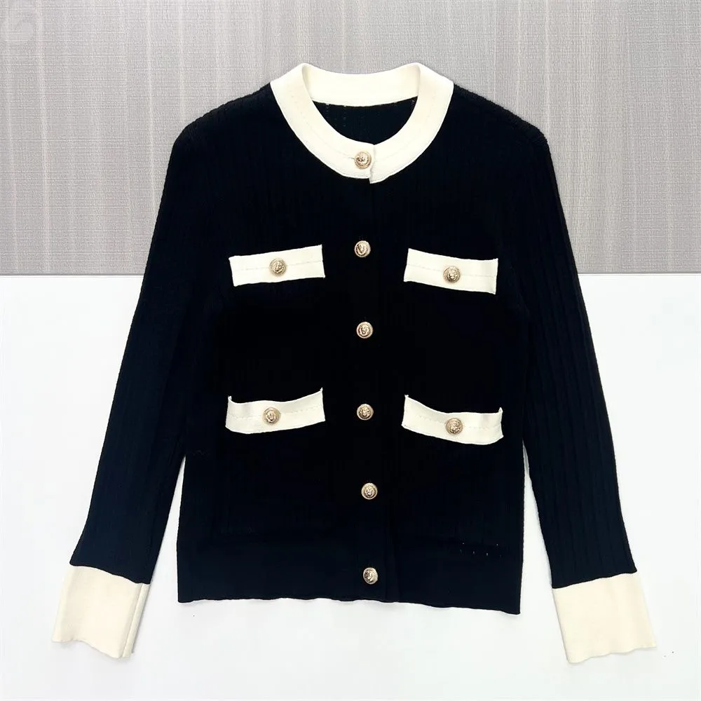 Women's Black & Cream Contrast Trim Rib-Knit Cardigan (Chanel-Style) - Custom Elegant Smart-Casual Apparel