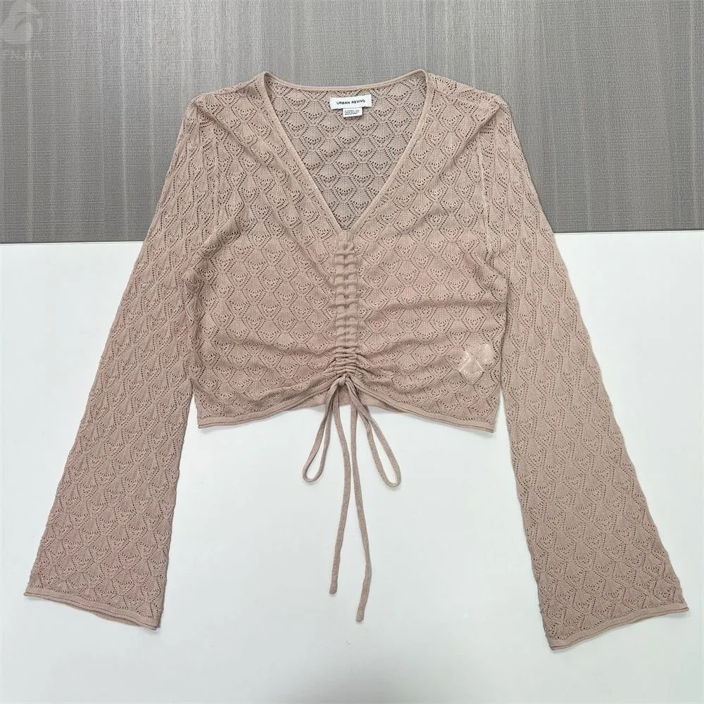 Women's Blush Lace-Knit Ruched Cropped Cardigan - Custom Romantic Casual Apparel