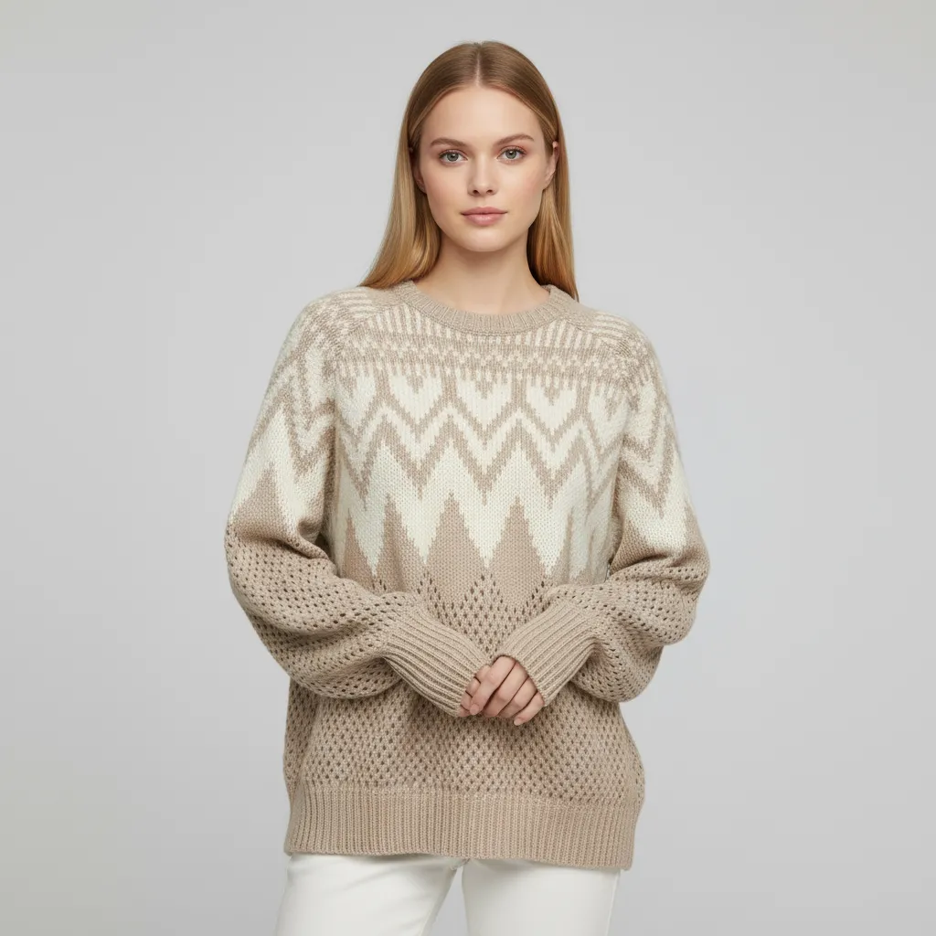Women's Beige & Ivory Fair Isle Knit Sweater with Openwork Detail - Custom Bohemian Casual Apparel