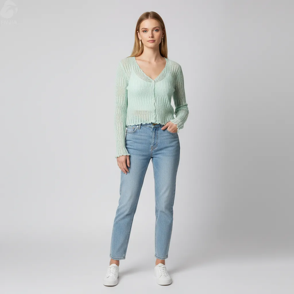 Women's Mint Green Sheer Rib-Knit Cropped Cardigan with Scalloped Hem