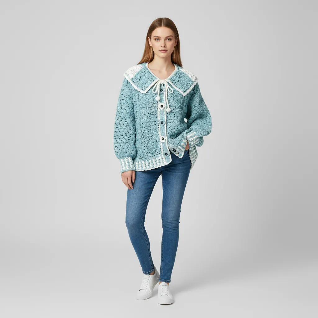 Women's Mint Green Crochet Collared Cardigan with Floral Details - Custom Vintage-Cute Casual Apparel