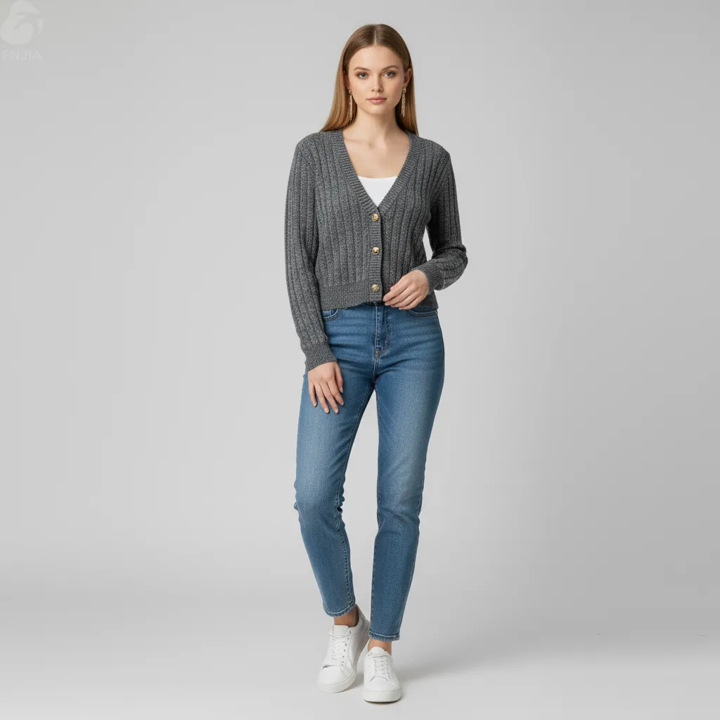 Women's Charcoal Marled Cropped V-Neck Cardigan with Cable Knit - Custom Textured Layering Apparel