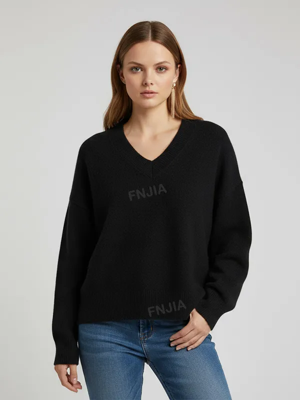 Women's Black Oversized V-Neck Knit Sweater - Custom Versatile Casual Apparel