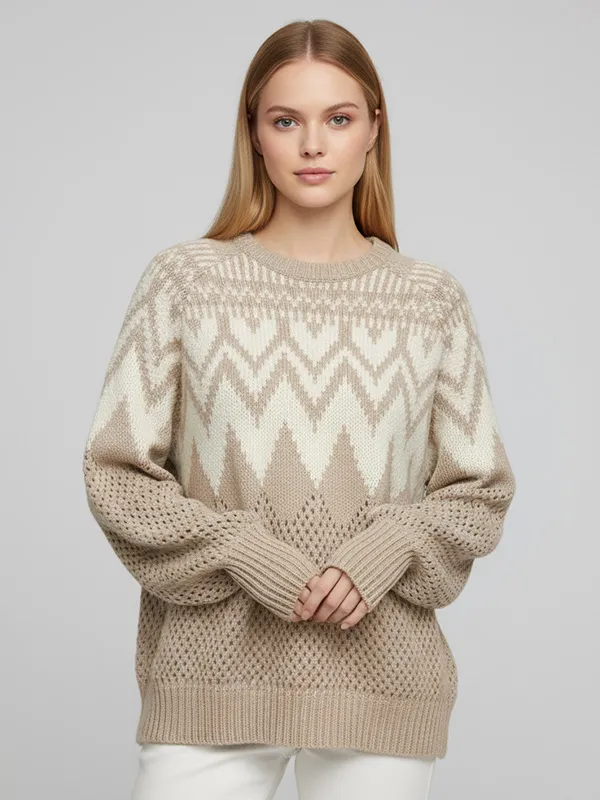 Women's Beige & Ivory Fair Isle Knit Sweater with Openwork Detail - Custom Bohemian Casual Apparel