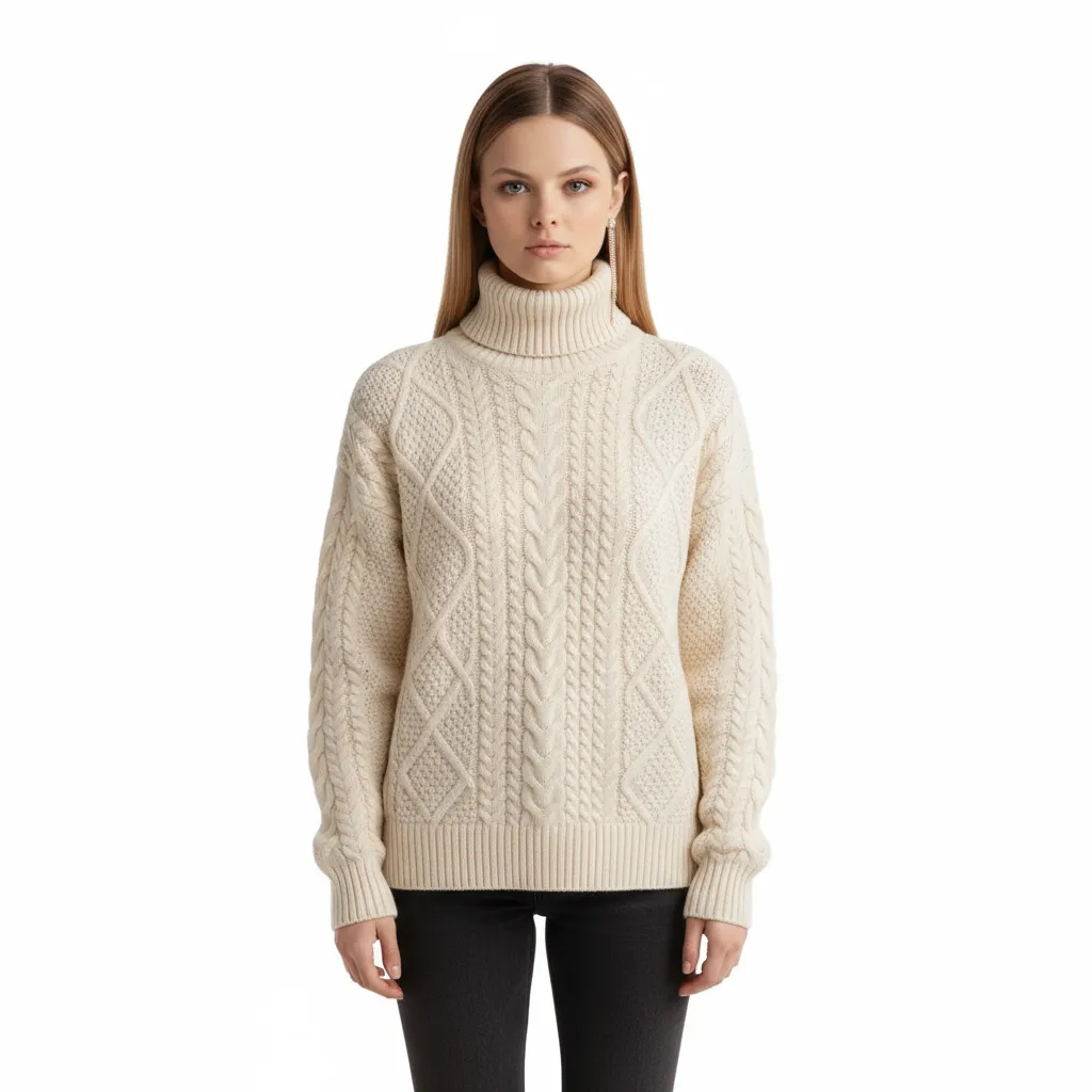 Women's Cream Oversized Turtleneck Sweater with Mixed Cable Knit Patterns - Custom Textured Classic Apparel