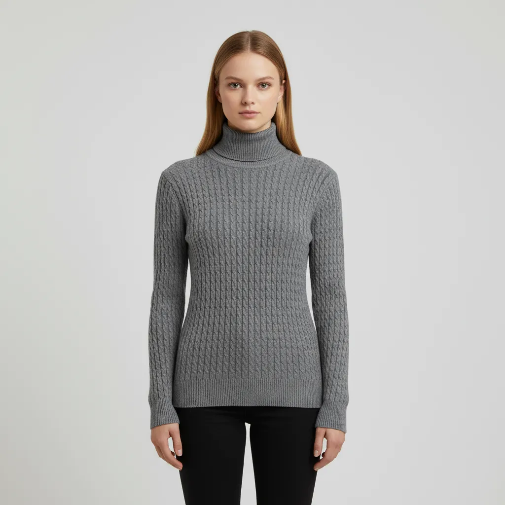 Women's Gray Slim-Fit Turtleneck Sweater with Full Cable Knit Texture - Custom Classic Textured Apparel