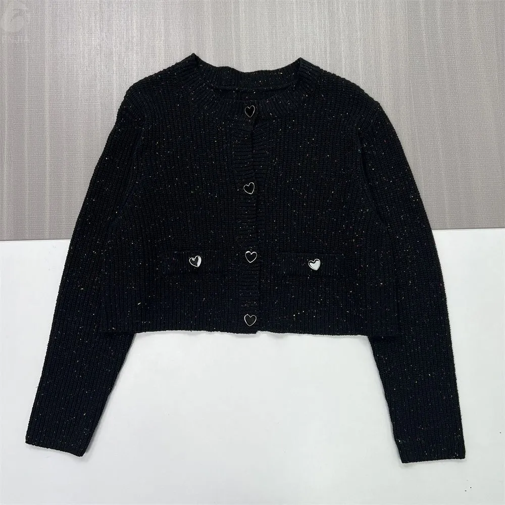 Women's Black Speckled Knit Cropped Cardigan with Heart-Shaped Button Details