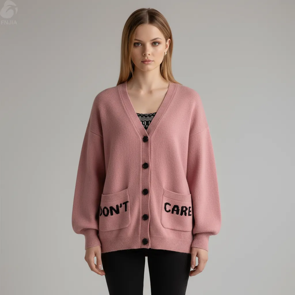 Women's Blush Pink Knit Cardigan with "Don't Care" Graphic & Heart Motif - Custom Edgy Statement Apparel