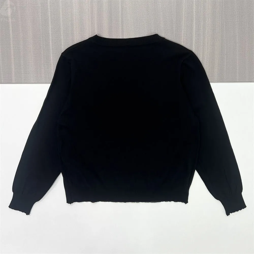 Women's Black Knit Cardigan with Pearl Heart Embellishments - Custom Playful Statement Apparel