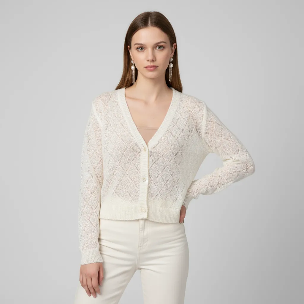 Women's Ivory Sheer Diamond-Knit Cropped Cardigan - Custom Lightweight Layering Apparel
