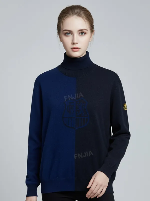 Women's Two-Tone Navy Split Turtleneck Sweater with Custom Emblem - Branded Statement Apparel