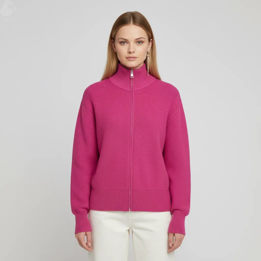 Women's Fuchsia Rib-Knit Turtleneck Zip-Up Cardigan - Custom Bold Modern Apparel