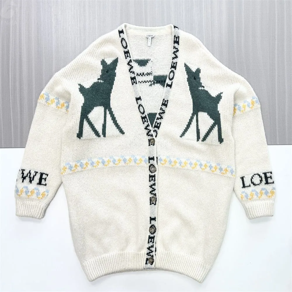 Women's Cream Knit Cardigan with Deer & Logo Intarsia - Custom Whimsical Statement Apparel