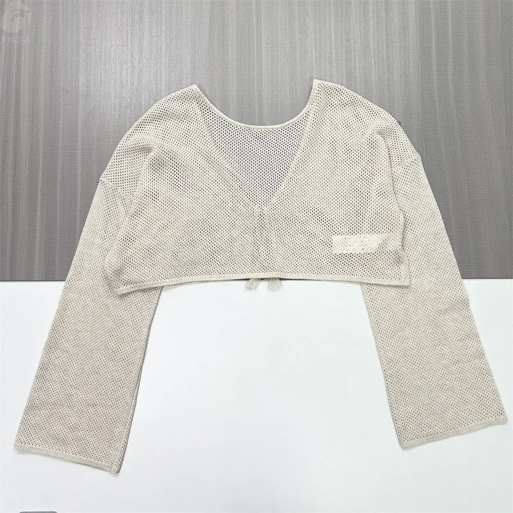 Women's Ivory Open-Knit Tie-Front Cropped Shrug Cardigan