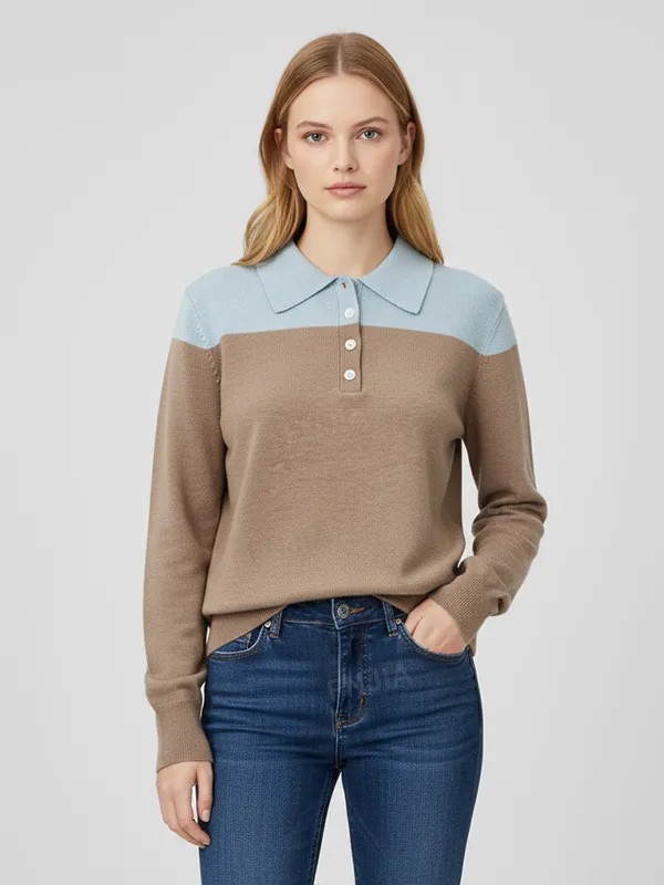 Women's Two-Tone Polo Collar Long-Sleeve Knit Top - Custom Refined Casual Apparel