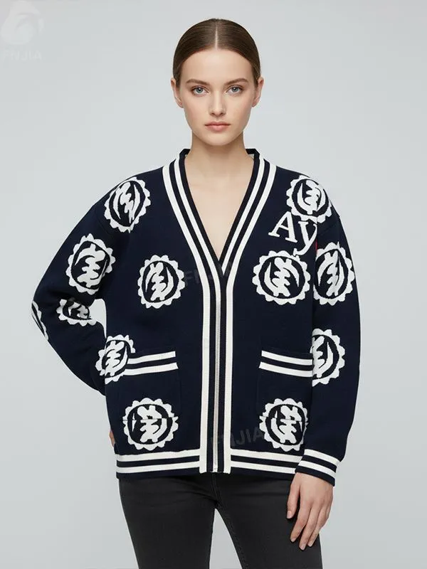 Women's Navy Knit Cardigan with Pattern Intarsia & Embellishments - Custom Bold Statement Apparel