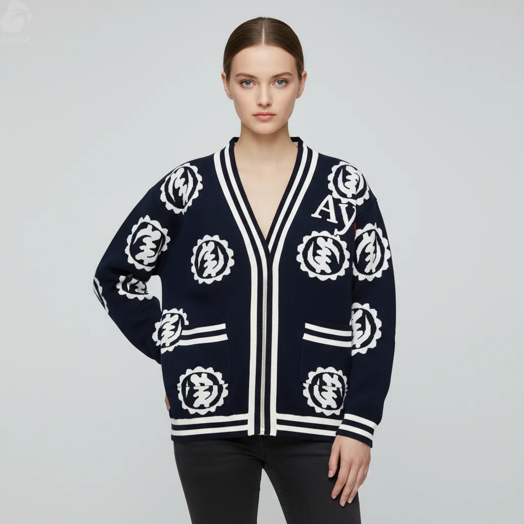 Women's Navy Knit Cardigan with Pattern Intarsia & Embellishments - Custom Bold Statement Apparel