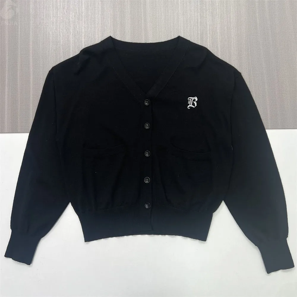 Women's Black V-Neck Embroidered Logo Knit Cardigan - Custom Minimalist Branded Apparel