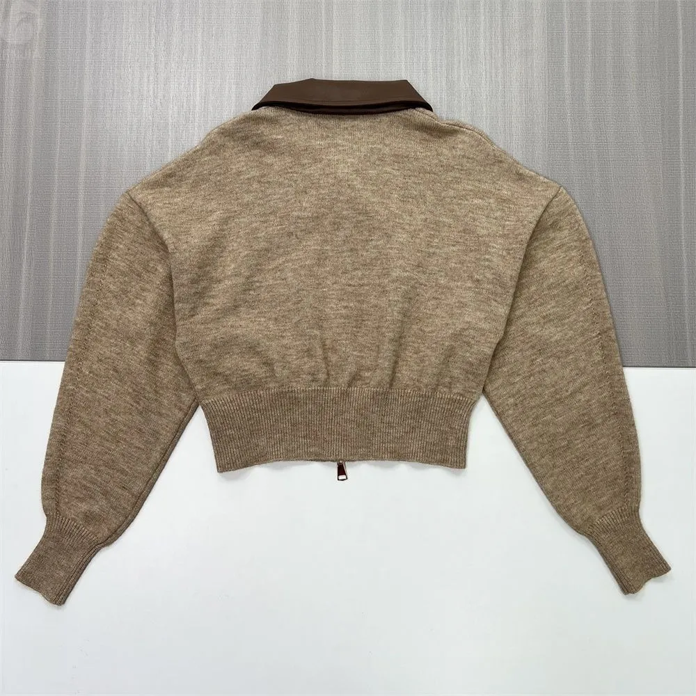 Women's Camel Knit Cropped Cardigan with Leather Collar & Full Zip
