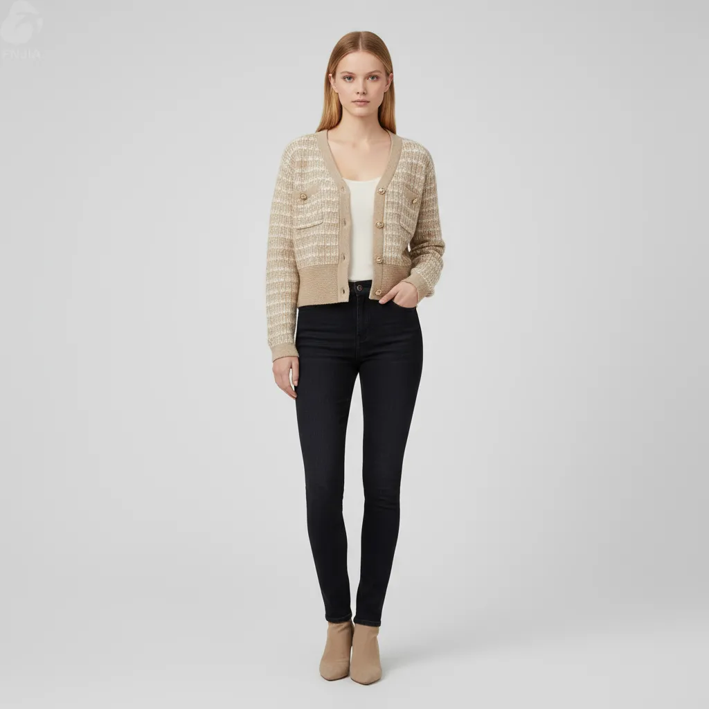 Women's Beige Tweed Check Cropped Knit Cardigan (Chanel-Style) - Custom Elegant Smart-Casual Apparel