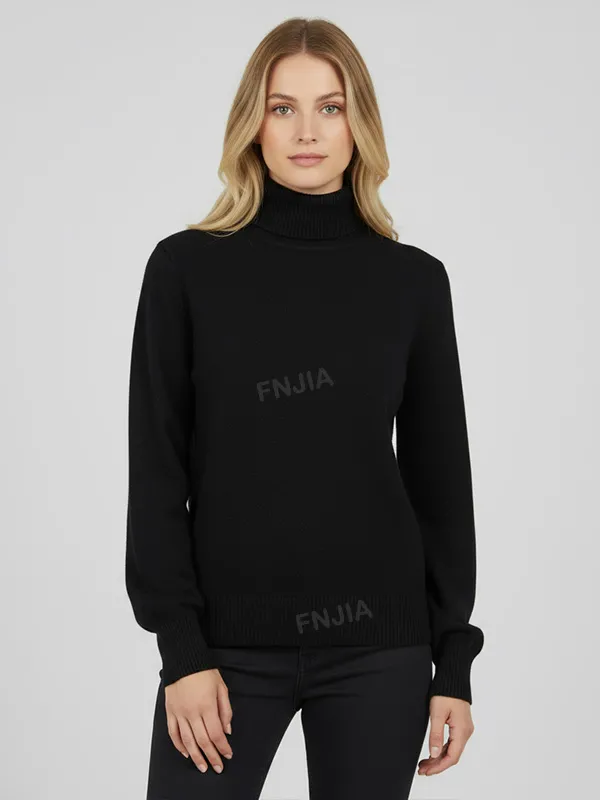 Women's Black Relaxed-Fit Turtleneck Sweater with Subtle Texture - Versatile Minimalist Apparel