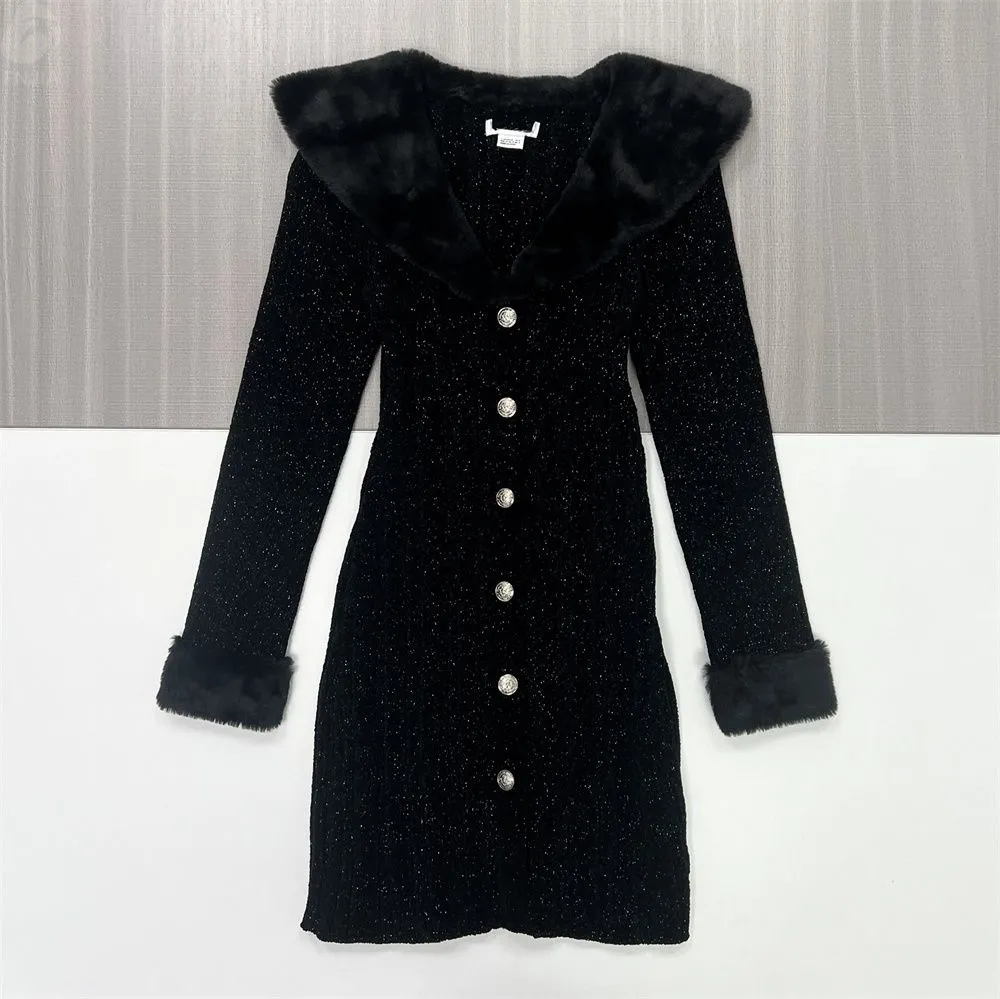 Women's Black Glitter-Knit Coat with Faux Fur Trim - Custom Luxe Statement Outerwear
