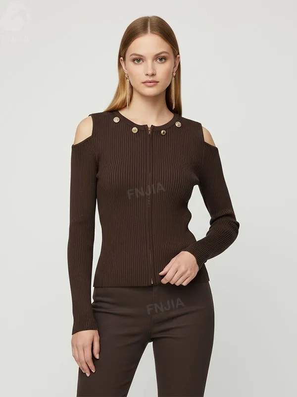 Women's Chocolate Rib-Knit Cold-Shoulder Zip-Up Cardigan - Custom Edgy Fashion-Forward Apparel