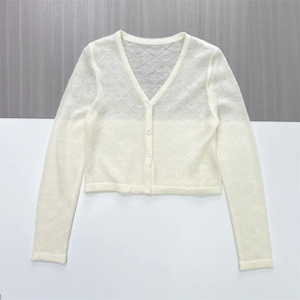 Women's Ivory Sheer Diamond-Knit Cropped Cardigan - Custom Lightweight Layering Apparel