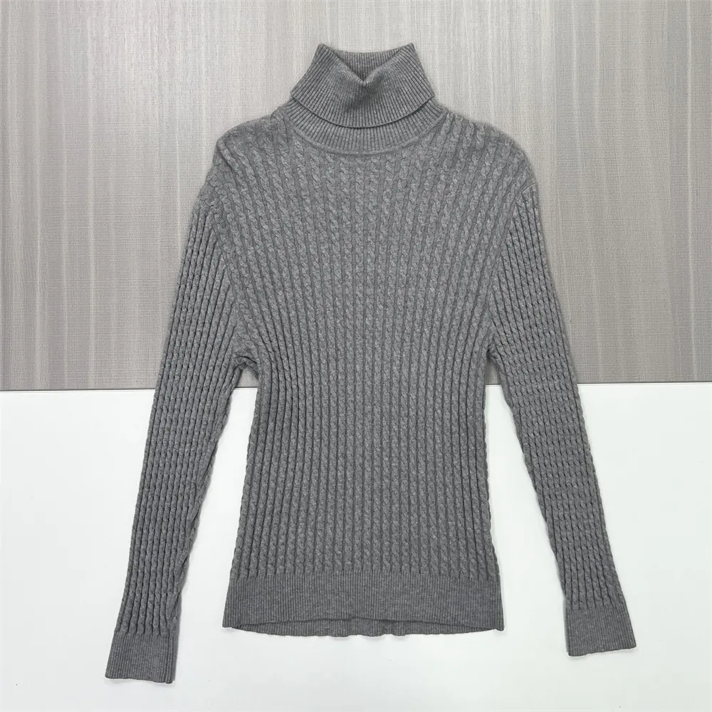 Women's Gray Slim-Fit Turtleneck Sweater with Full Cable Knit Texture - Custom Classic Textured Apparel
