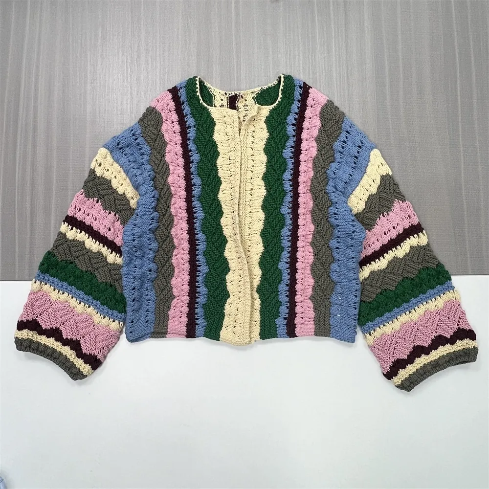 Women's Multi-Color Crochet Striped Cardigan - Custom Bohemian Playful Casual Apparel