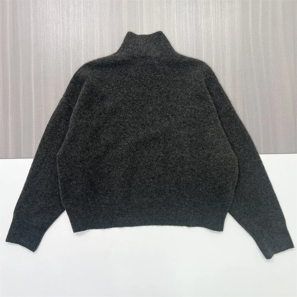 Women's Charcoal Marled Oversized Mock Neck Sweater - Custom Textured Casual Apparel