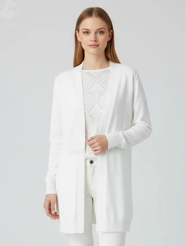 Women's White Open-Front Longline Knit Cardigan with Back Pattern Detail