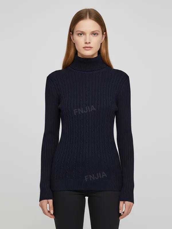 Women's Navy Ribbed Cable-Knit Turtleneck Slim-Fit Sweater - Custom Classic Casual Apparel