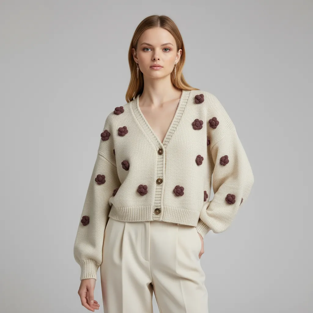 Women's Ivory V-Neck Cardigan with Burgundy 3D Floral Embellishments - Custom Playful Casual Apparel