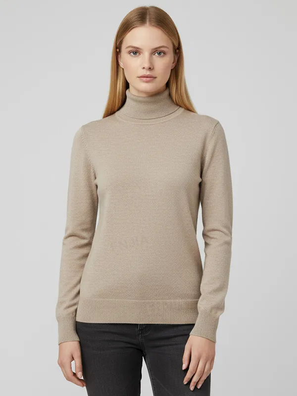 Women's Beige Slim-Fit Turtleneck Sweater - Custom Timeless Basic Apparel
