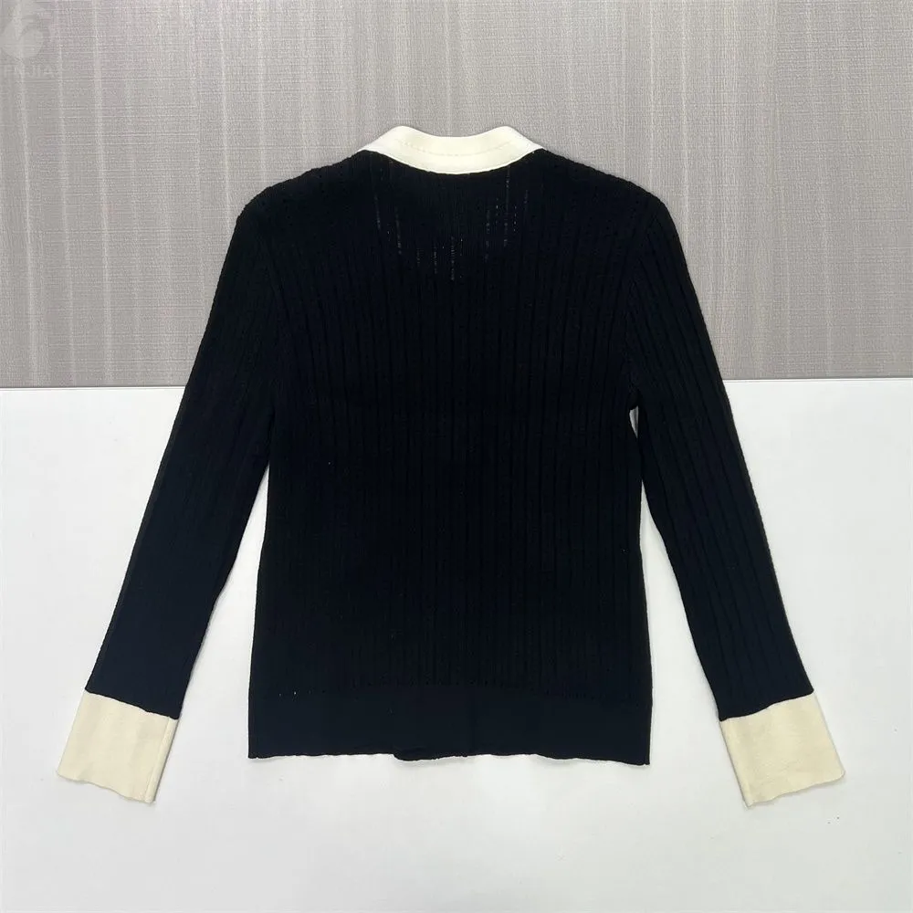 Women's Black & Cream Contrast Trim Rib-Knit Cardigan (Chanel-Style) - Custom Elegant Smart-Casual Apparel