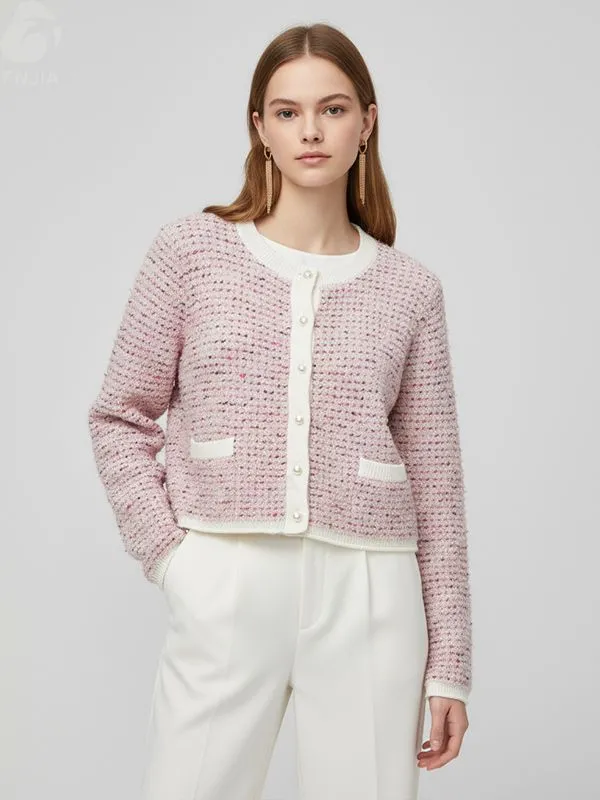 Women's Pink Tweed Cropped Cardigan with Pearl Buttons & Contrast Pockets