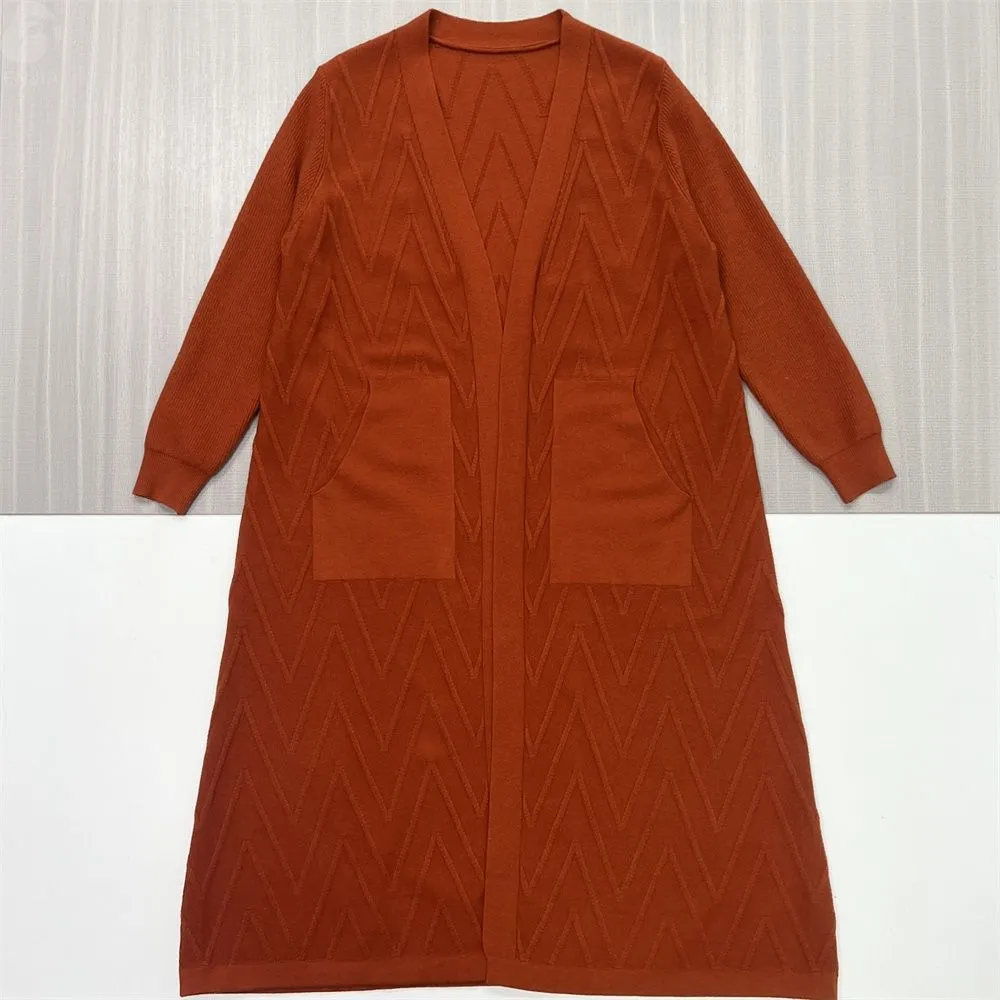 Women's Terracotta Chevron-Knit Longline Open-Front Cardigan with Pockets - Custom Versatile Casual Outerwear