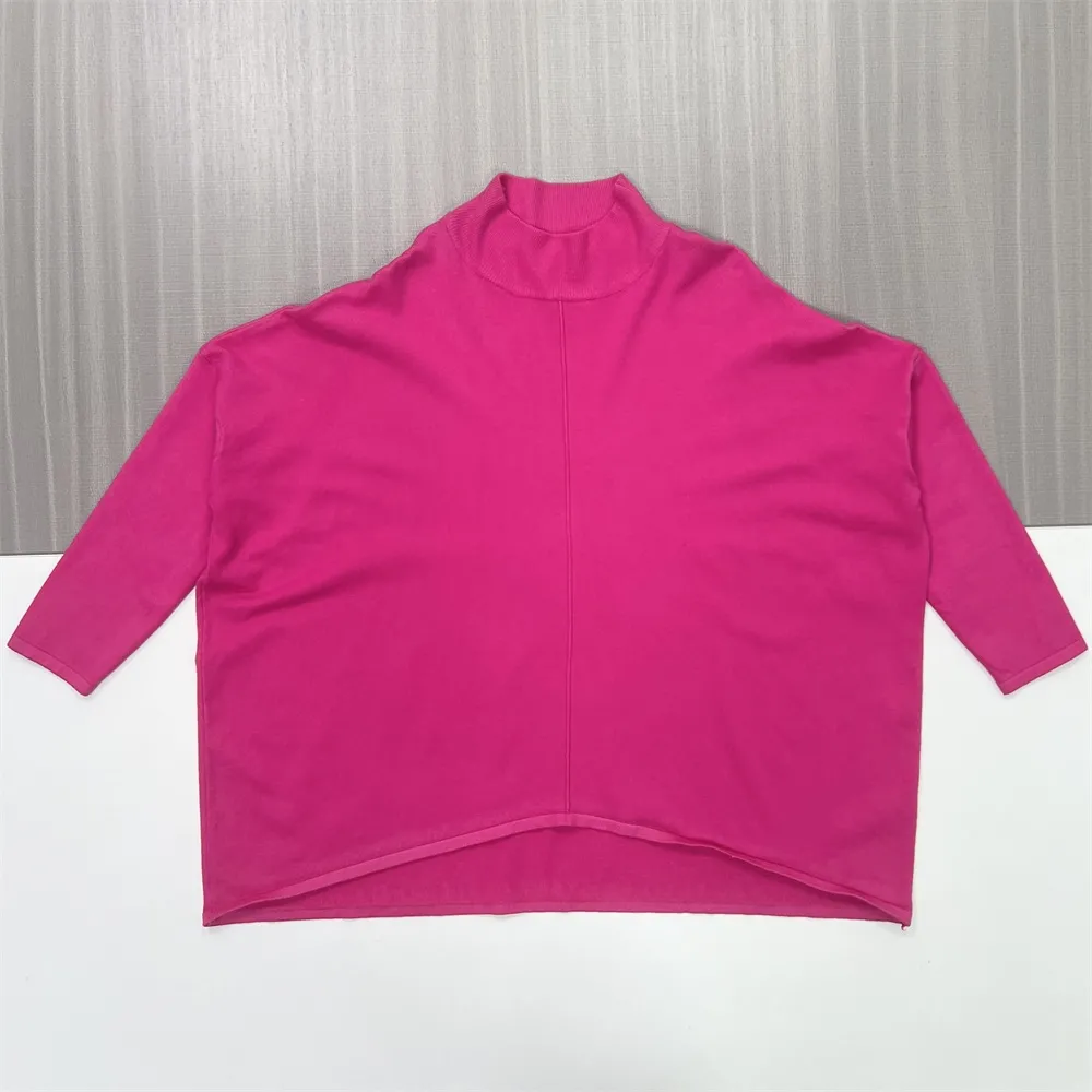 Women's Fuchsia Oversized Turtleneck Poncho Sweater with 3/4 Sleeves - Custom Bold Casual Apparel