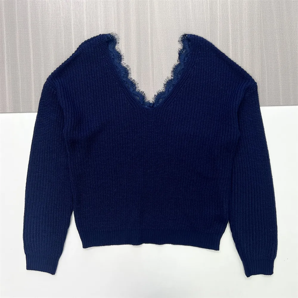 Women's Navy Ribbed V-Neck Sweater with Lace Trim - Custom Feminine Casual Apparel