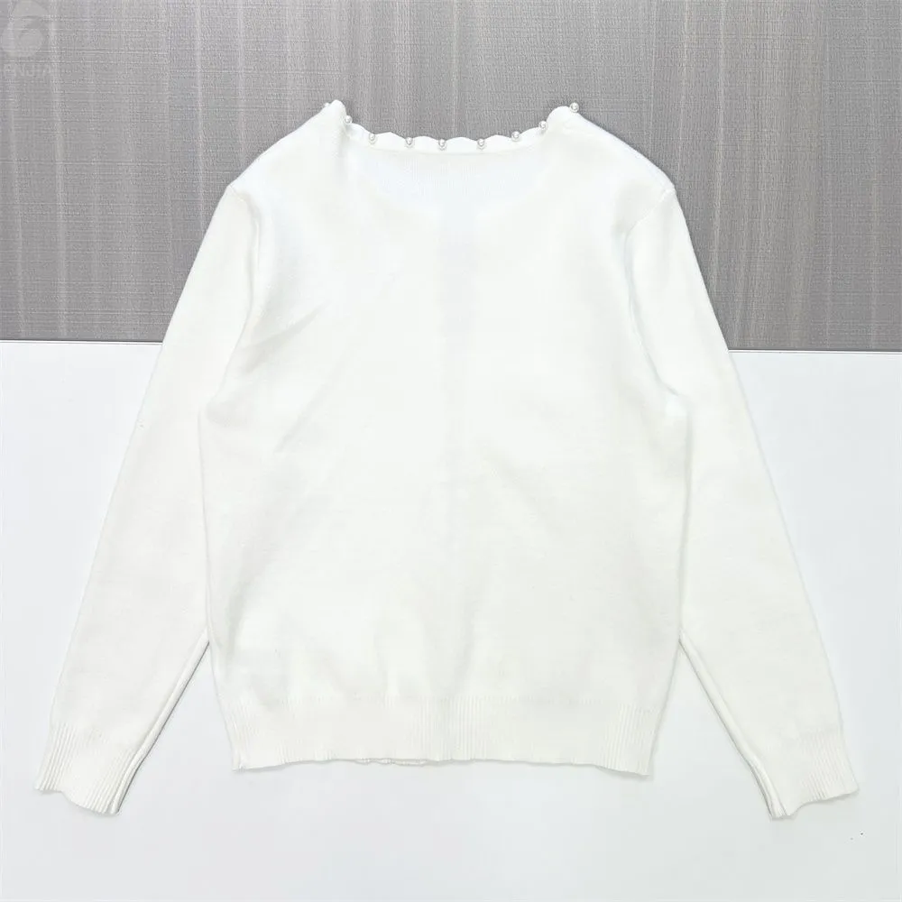 Women's White Knit Cardigan with Pearl Scallop Trim - Custom Elegant Minimalist Apparel