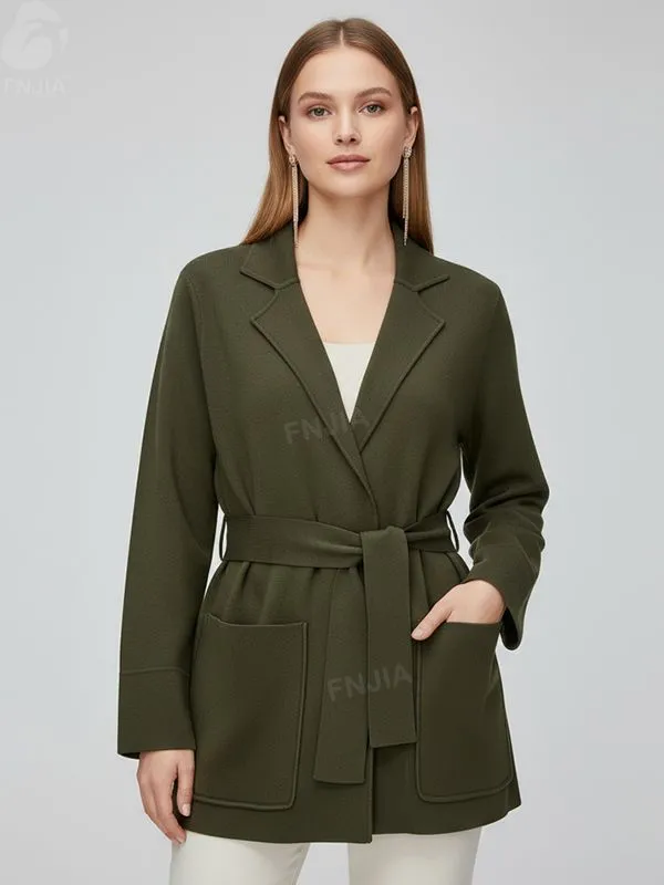 Women's Olive Green Belted Knit Blazer Coat - Custom Versatile Smart-Casual Outerwear