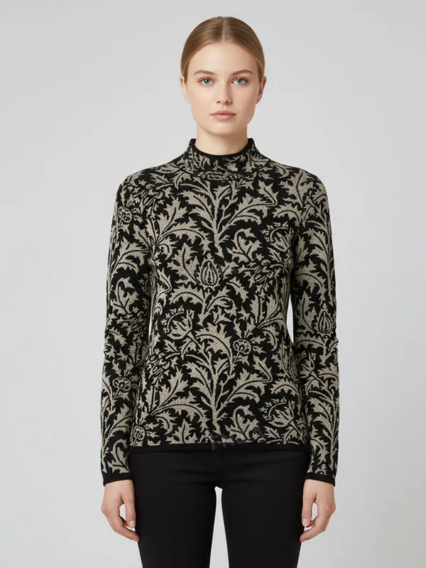 Women's Black & Beige Turtleneck Sweater with Floral-Vine Pattern - Custom Elegant Statement Apparel