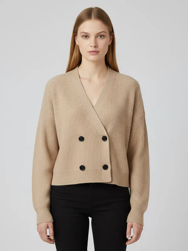 Women's Beige Ribbed Wrap-Front Double-Breasted Cardigan - Custom Polished Casual Apparel