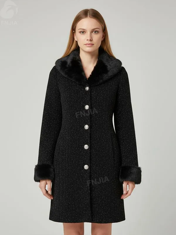 Women's Black Glitter-Knit Coat with Faux Fur Trim - Custom Luxe Statement Outerwear