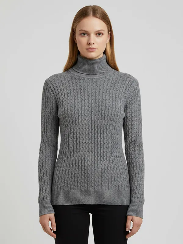 Women's Gray Slim-Fit Turtleneck Sweater with Full Cable Knit Texture - Custom Classic Textured Apparel